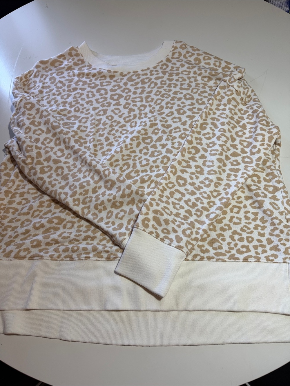 Time and Tru Cream and Tan Leopard Crewneck Sweater